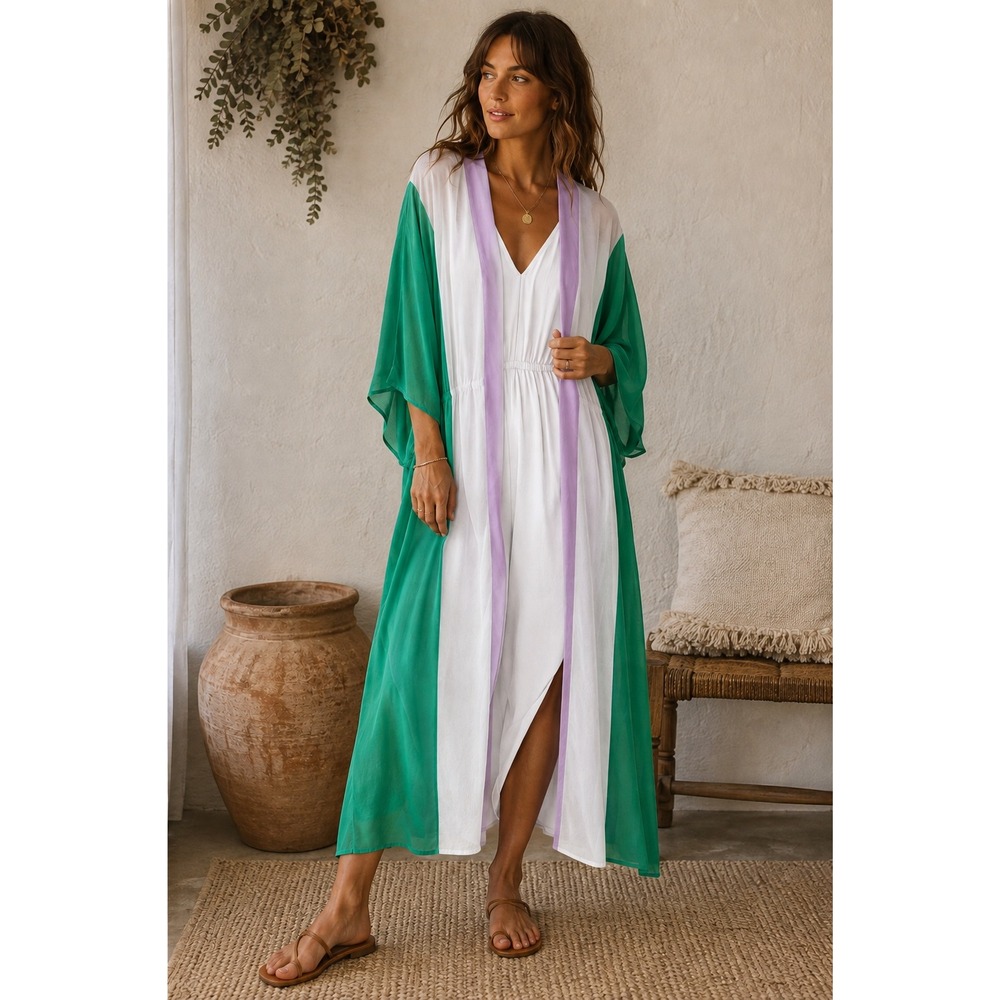 Green Purple Colorblock Kimono Duster Maxi Robe Open Front Elastic Waist